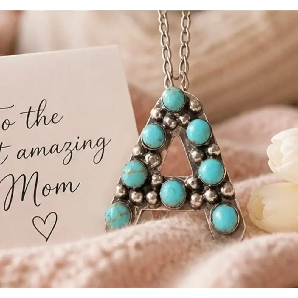 Kingman Turquoise Initial A Signed Mexico Sterling Silver Necklace 18” Adjust